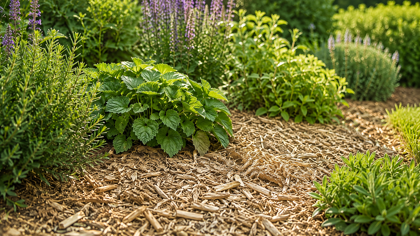 Houtsnippers in een tuinborder tijdens een droge zomer