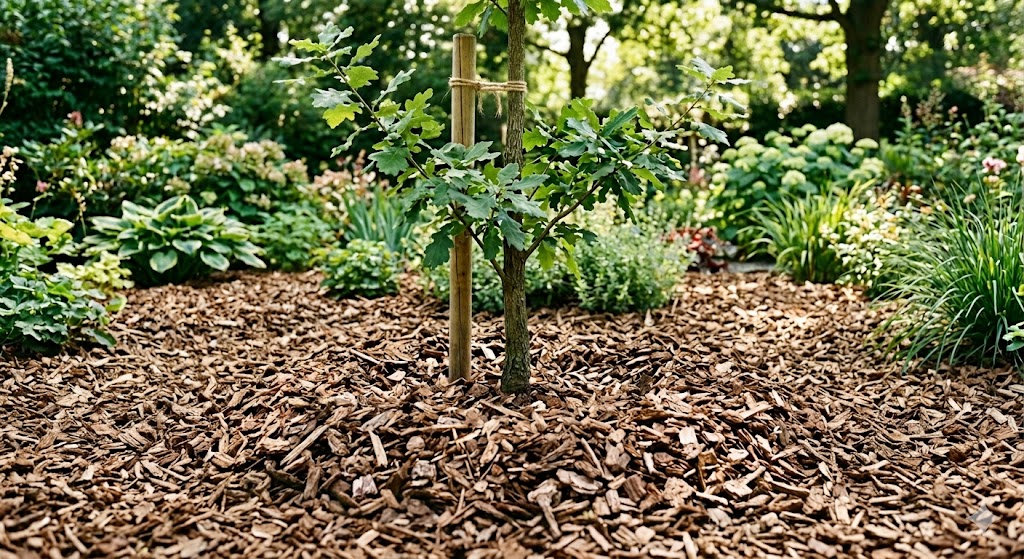 Laag houtsnippers rond planten helpt de bodem beschermen tegen uitdroging